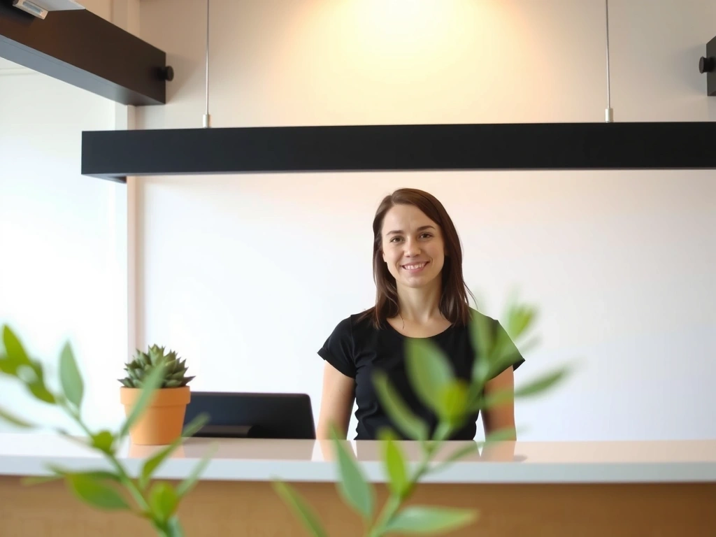 A friendly yoga studio reception desk with a welcoming staff member, inviting visitors to inquire.