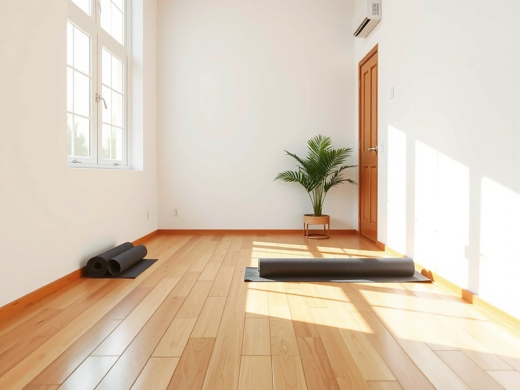 A serene yoga studio interior with soft lighting and natural elements, promoting a sense of calm and well-being.