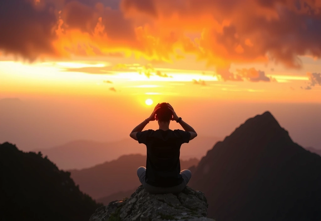 A person meditating peacefully at sunrise on a mountain peak, embodying inner peace and connection.