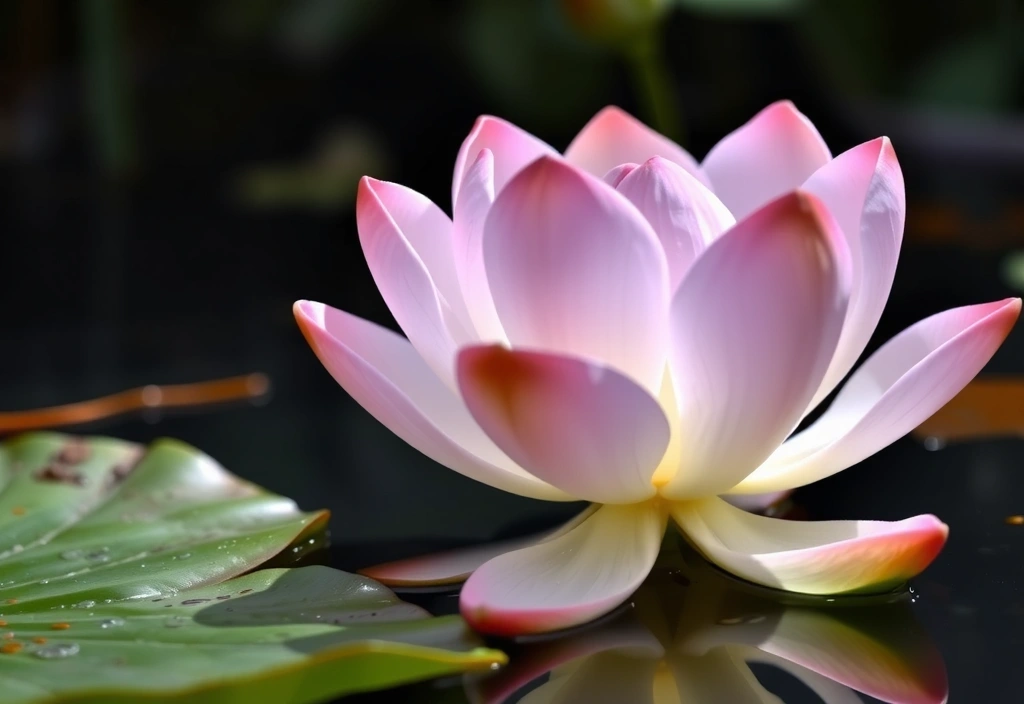 A close-up of a lotus flower blooming in calm water, symbolizing purity, rebirth, and spiritual awakening.