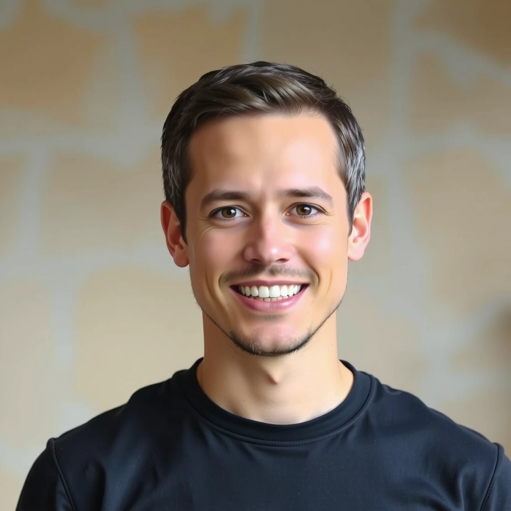 Portrait of a male yoga instructor with a gentle, inviting expression.