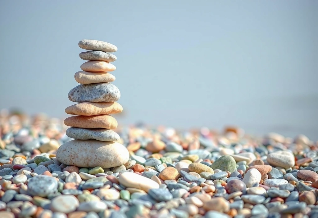 Smooth, balanced river stones stacked on a beach, representing balance and mindfulness.
