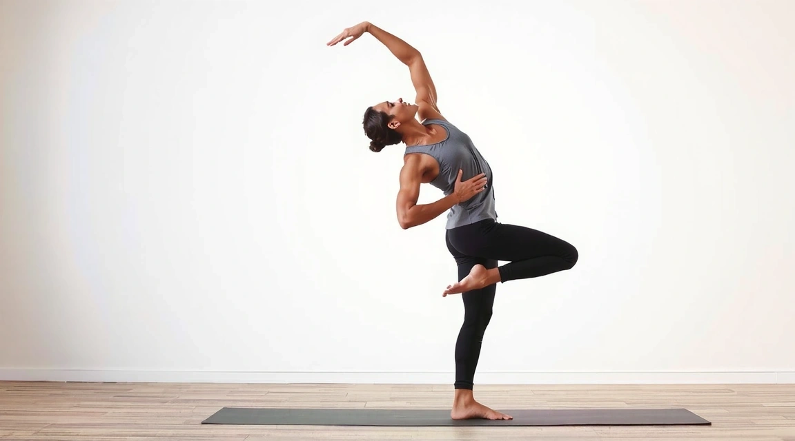 A person gracefully performing a yoga pose, demonstrating flexibility and balance against a soft, blurred background.