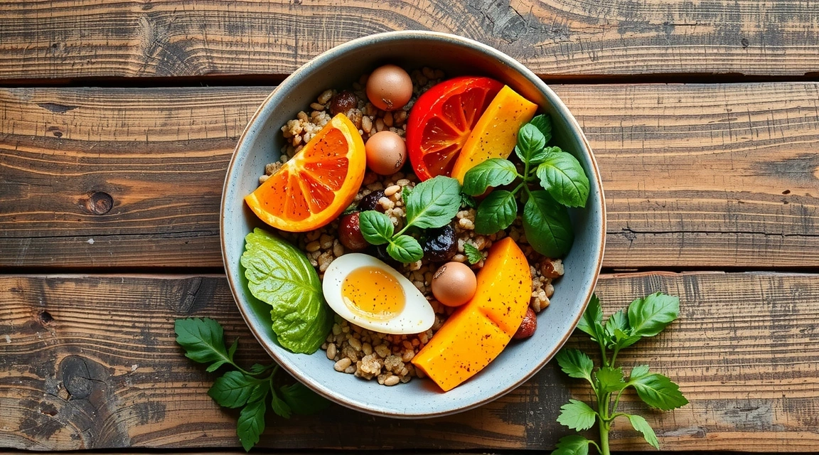 A vibrant and fresh plant-based meal arranged artfully on a table, featuring colorful vegetables and grains.