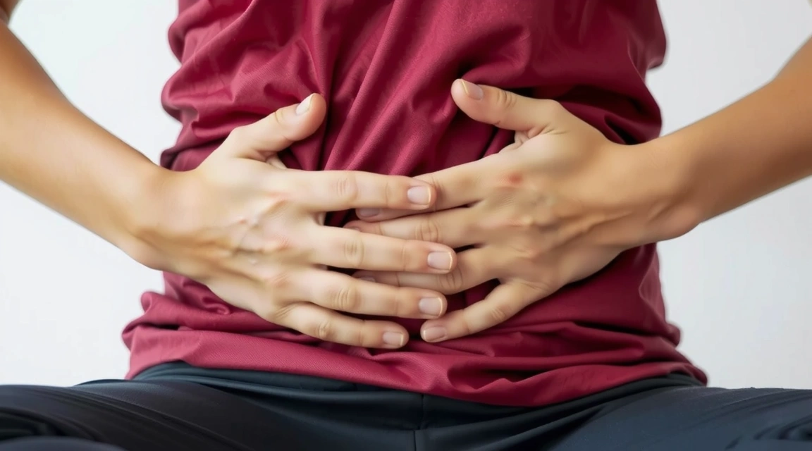 Close-up of a person's hands gently placed on their abdomen, illustrating deep breathing techniques in a calm setting.