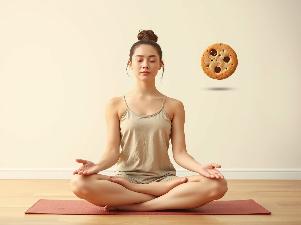 A person meditating peacefully with a cookie icon floating nearby, symbolizing digital privacy and mindfulness.
