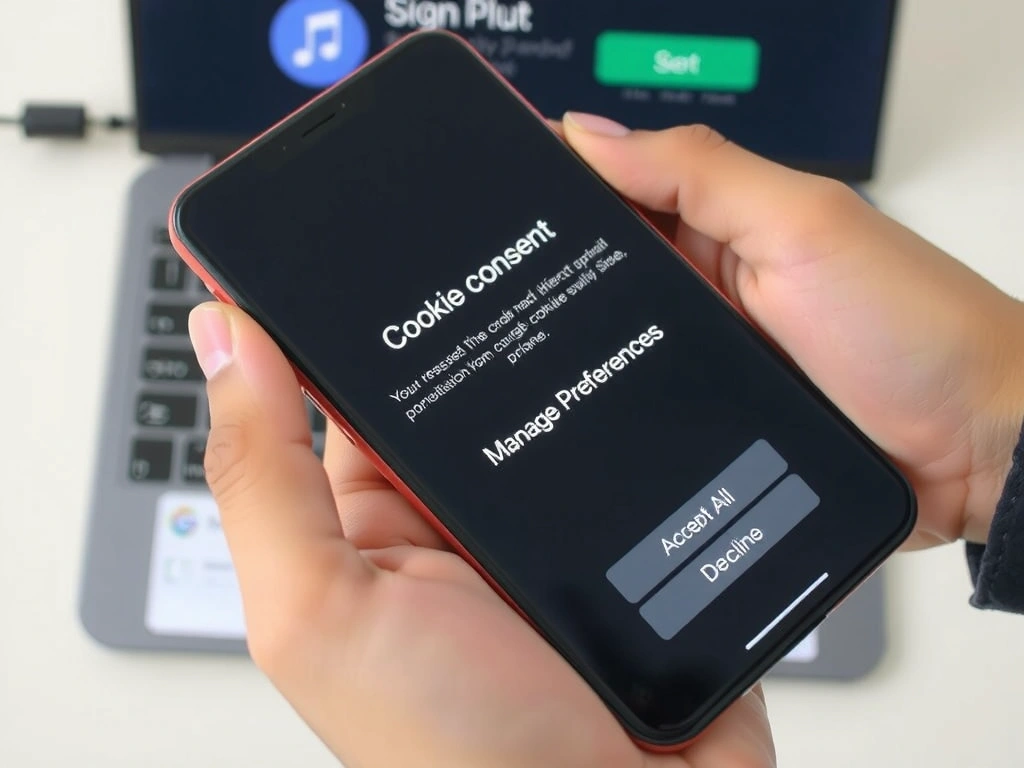 A person's hand holding a smartphone, with a cookie consent pop-up on the screen, illustrating user choices for cookie settings.