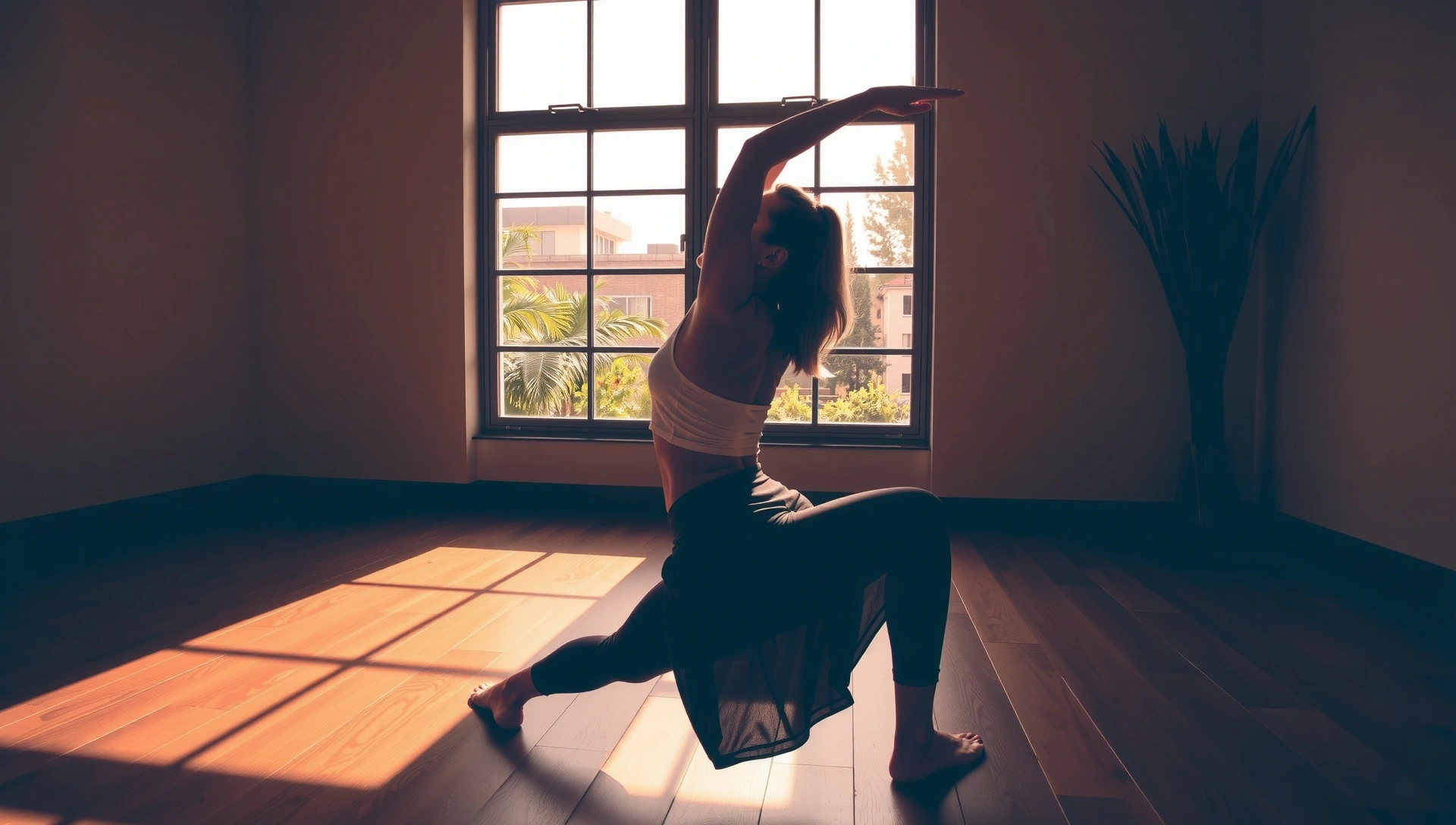 Yoga studio with soft lighting and a person in a peaceful yoga pose